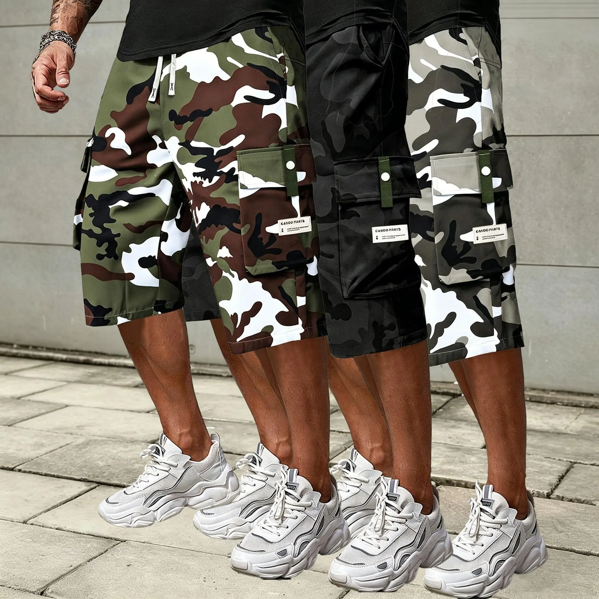 Men's 3-Pack Loose-Fit Polyester Camo Cargo Capri Shorts - Mid-Calf, Elastic Drawstring Waist, Multi-Utility Flap Pockets, Lightweight Durable for Summer Outdoor & Everyday Wear