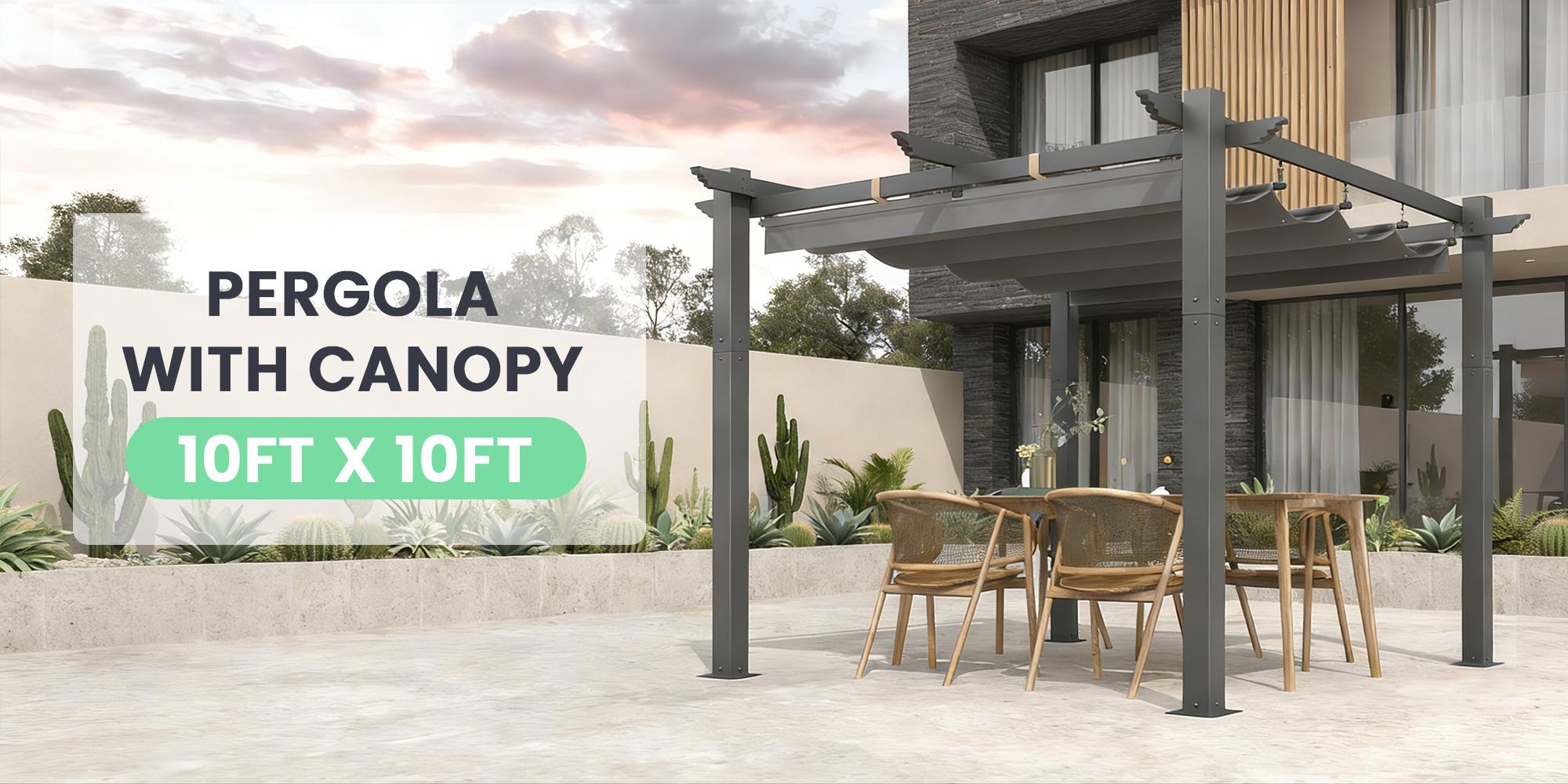 10' x 10' Outdoor Pergola with Retractable Canopy, Heavy-Duty Metal Frame and Adjustable Patio Shade Roof, Gray/Khaki