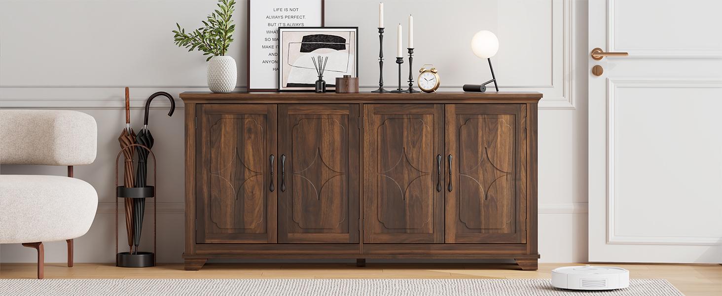 ONBRILL 63" Sideboard Buffet with 4 Carved Doors, Modern Storage Cabinets with Adjustable Shelves for Kitchen, Living Room Furniture【BlackFridayDeal】