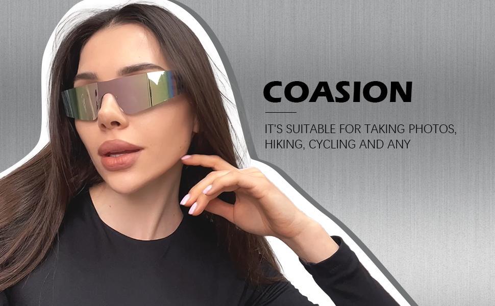 COASION Wrap Around Sunglasses for Women Trendy Rimless Futuristic Shades Y2k Shield Flat Top Fashion Eyeglasses