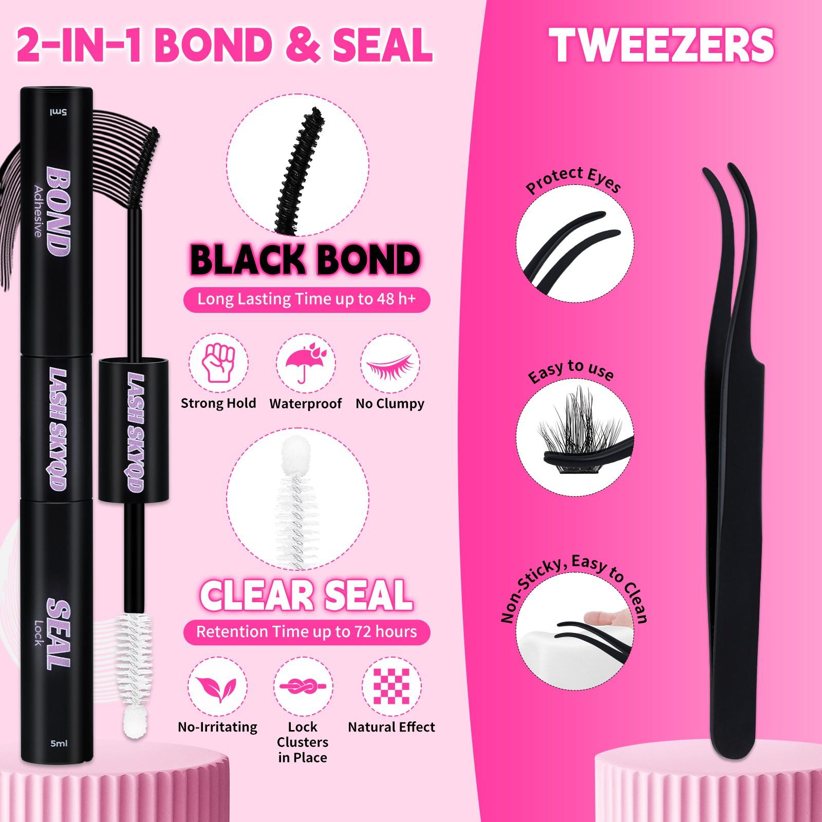 LASH SKYQD 472pcs 4 Styles D Curl False Eyelash Cluster Kit, Bottom/Spike/Mega 100D/Mega 80D Volume Lash Extensions Kit With Lash Bond and Seal Tweezers, Perfect for Beginners & Proficient, DIY at Home Easily, Easy Apply for Makeup Daily