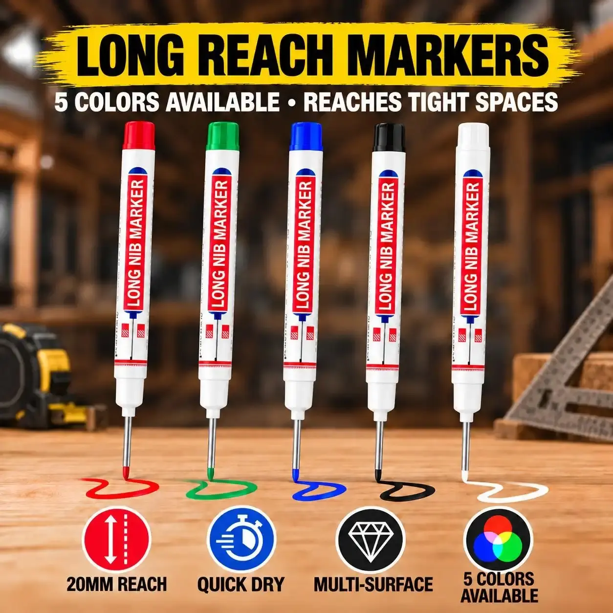 20mm Long Reach Deep Hole Marker Pens, Quick-Dry Long Nib Construction Markers for Tight Spaces, Woodworking Use on Wood, Metal/Plastic & Glass