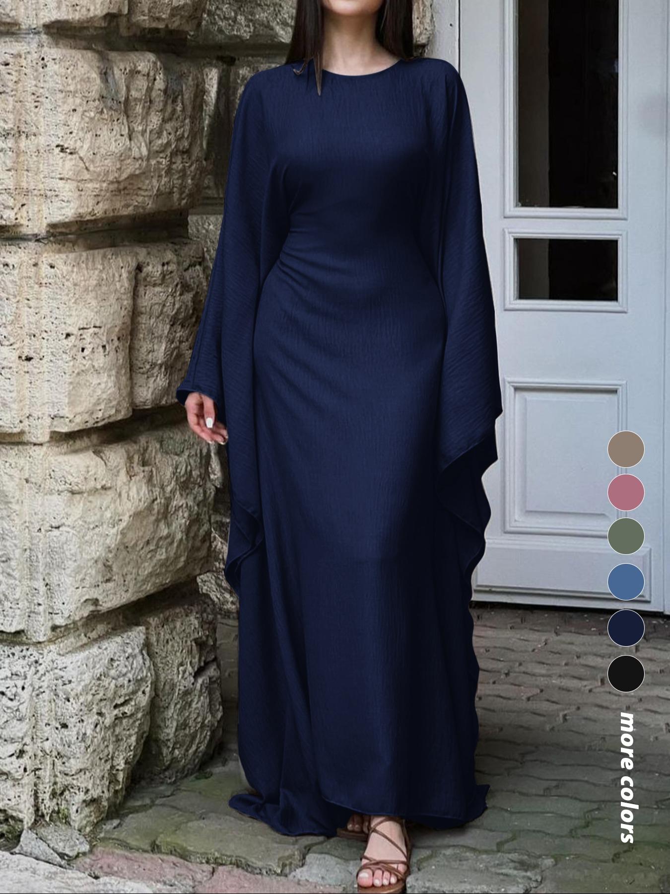 Women's Solid Color Loose-Fitting Batwing-Sleeve Long Dress, Casual Everyday Wear, Womenswear, Minimalist Chic Summer Woven Fabric Dress, Perfect for Relaxed Outings