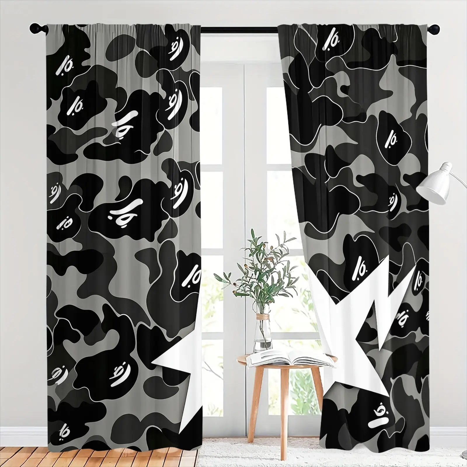 Gray Black Camo Star Semi-Sheer Light Filtering Curtains, Privacy Protection Soft Diffused Light Brushed Flannel Drapes, Streetwear Camouflage Print Non-Blackout Rod Pocket Panels, Window Decor for Living Room, Teens Bedroom, Gaming Room