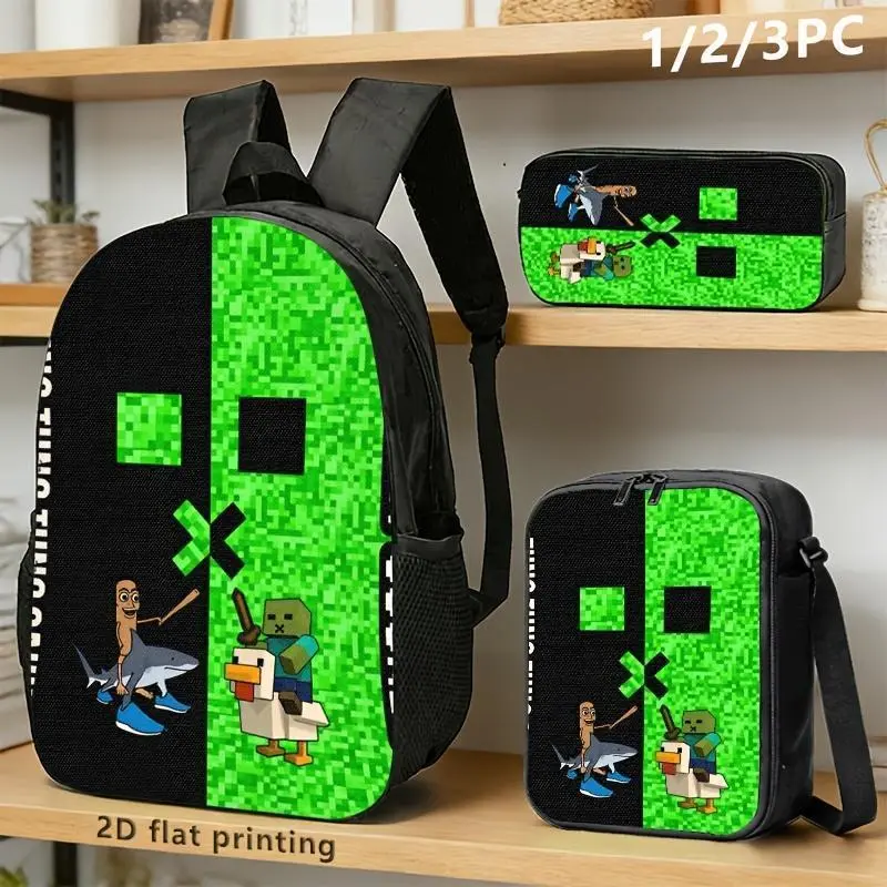 Preppy Casual Waterproof Pixel Game Theme Backpack Set - 1-Piece/2-Piece/3-Piece, Black-Green, Game Character-Animal Interactive Design, Functional Shoulder Storage Bags for Young Students