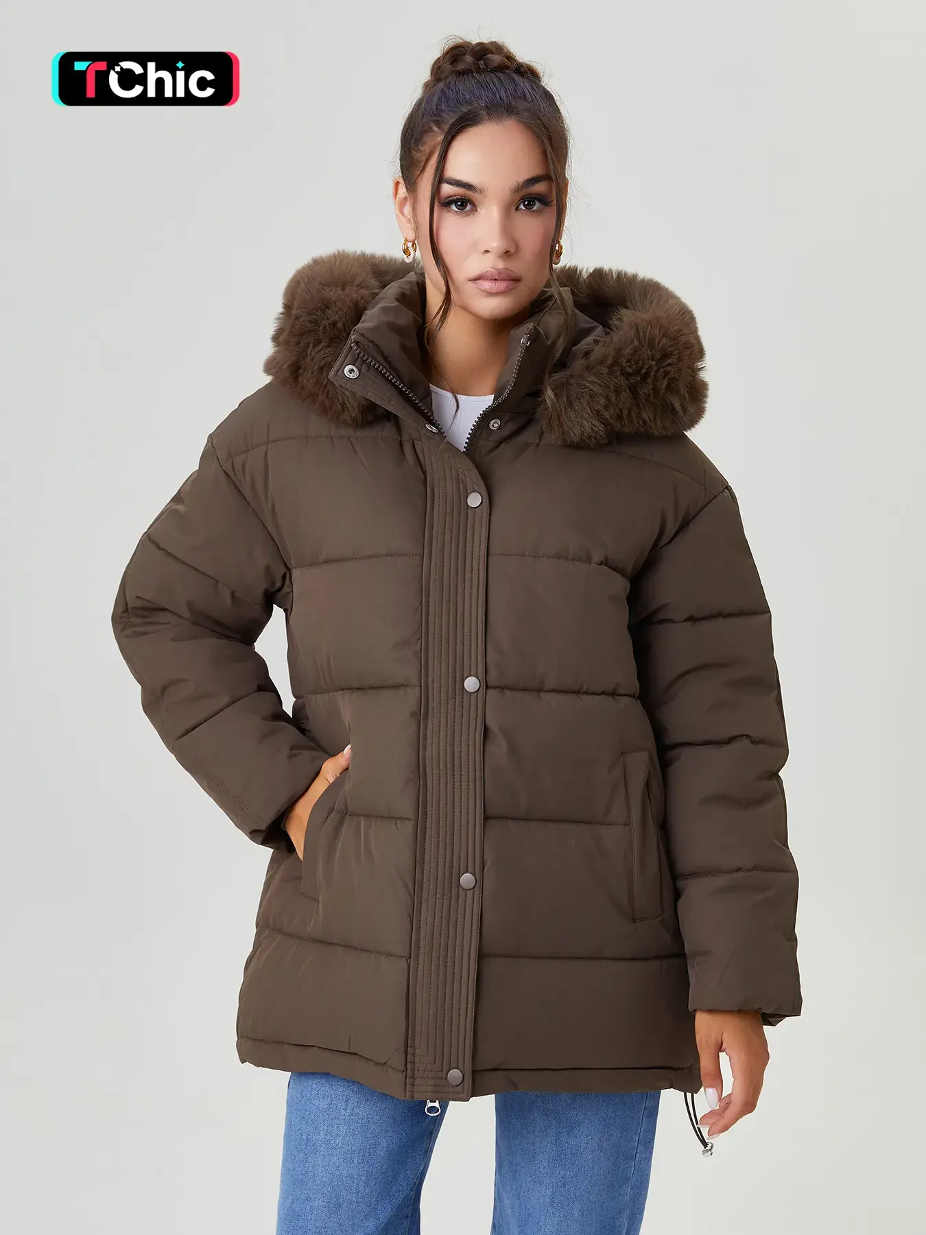 Women's Winter Casual Stand Collar Fluffy Hooded Waist Tie Zipper Thermal Outerwear