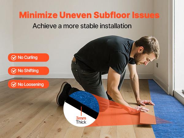 VEVOR Floor Underlayment 200 sq. ft/Roll, 3 mm Thick Laminate Flooring Padding with Attached Vapor Barrier, Heavy Duty Fiber+ PE Film, Soundproofing Noise Reduction, Ideal for Laminate Wood Floors