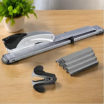 Long Reach Stapler with 2000 Staples & Remover, Full Strip, 20-25 Sheet Capacity, Built-in Ruler and Adjustable Locking Paper Guide, Silver