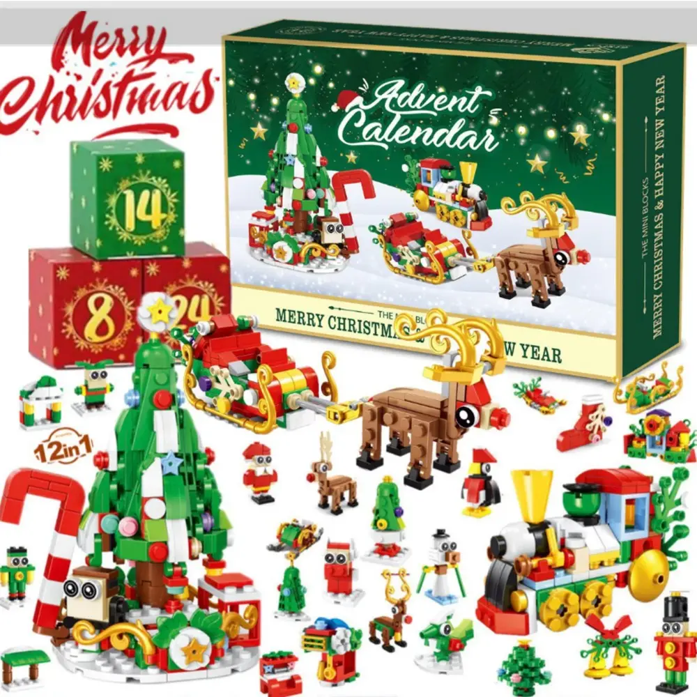 24-In-1 Christmas Countdown Building Block Set, DIY Puzzle Toy Kit, Creative Gift Box, Festive Train & Tree Models, Holiday Fun for Kids, Modular Block
