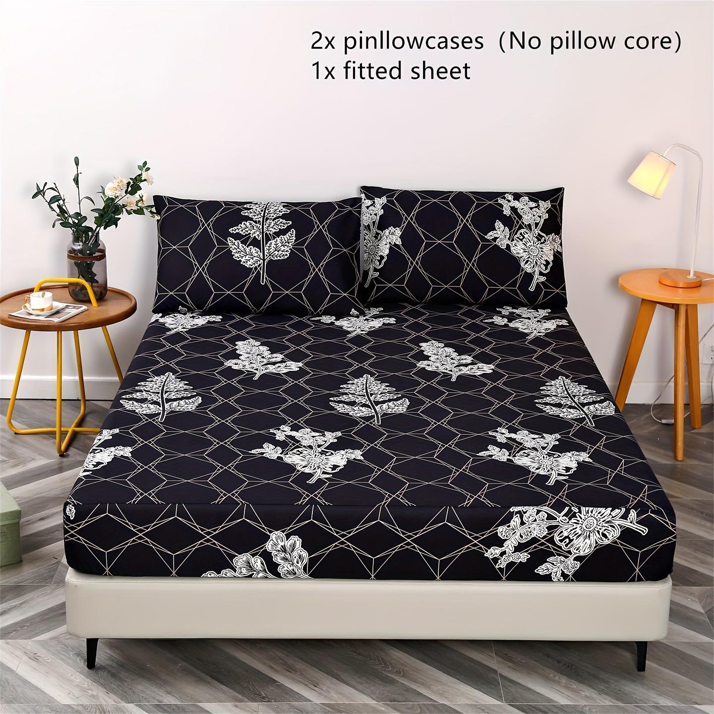 3pcs Floral Print Bedding Set, Floral Sheets, Soft and Comfortable, Suitable for Bedroom, Guest Room, Includes One Fitted Sheet + Two Pillowcases, No Core, Bed Sheet Replacement, Fitted Sheet With Pillowcases, Printed Floral Design, Comfortable Sheet Set