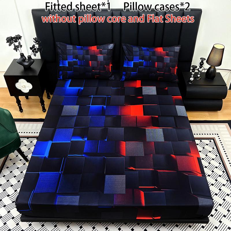 [Spring Glow Up] 3-piece multi-pattern fitted sheet set (fitted sheet*1 +Pillow cases*2),deep pocket 15 inches machine washable,low allergenic,high quality mattress protector for bedrooms,dorm rooms,HD printed all-season room decoration Reversible