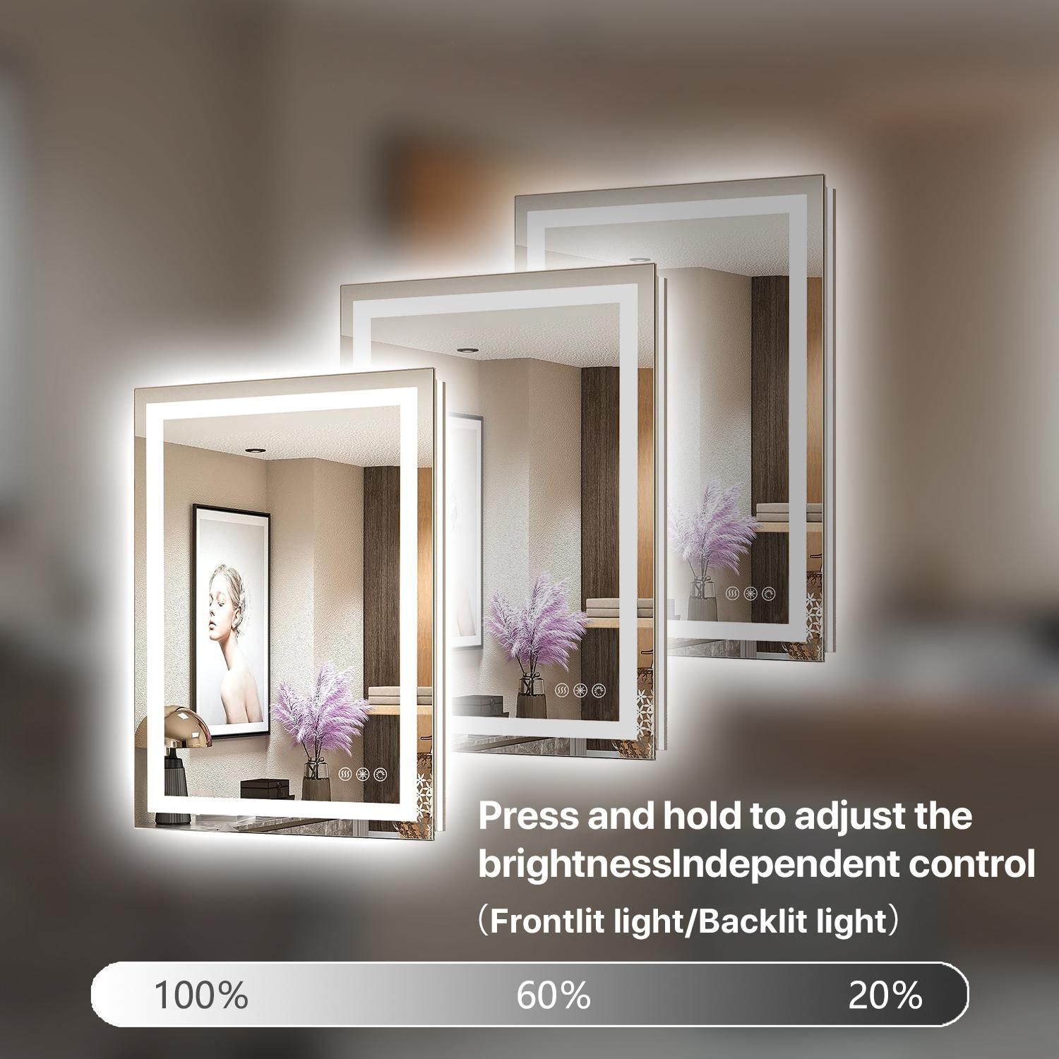 GLITGATE LED Bathroom Mirror With Lights Stepless Dimmable Brightness 3-Colors options Anti-Fog Memory function Smart Mirror Touch Sensor LED Mirror For Bathroom Wall Mounted Horizontal/Vertical