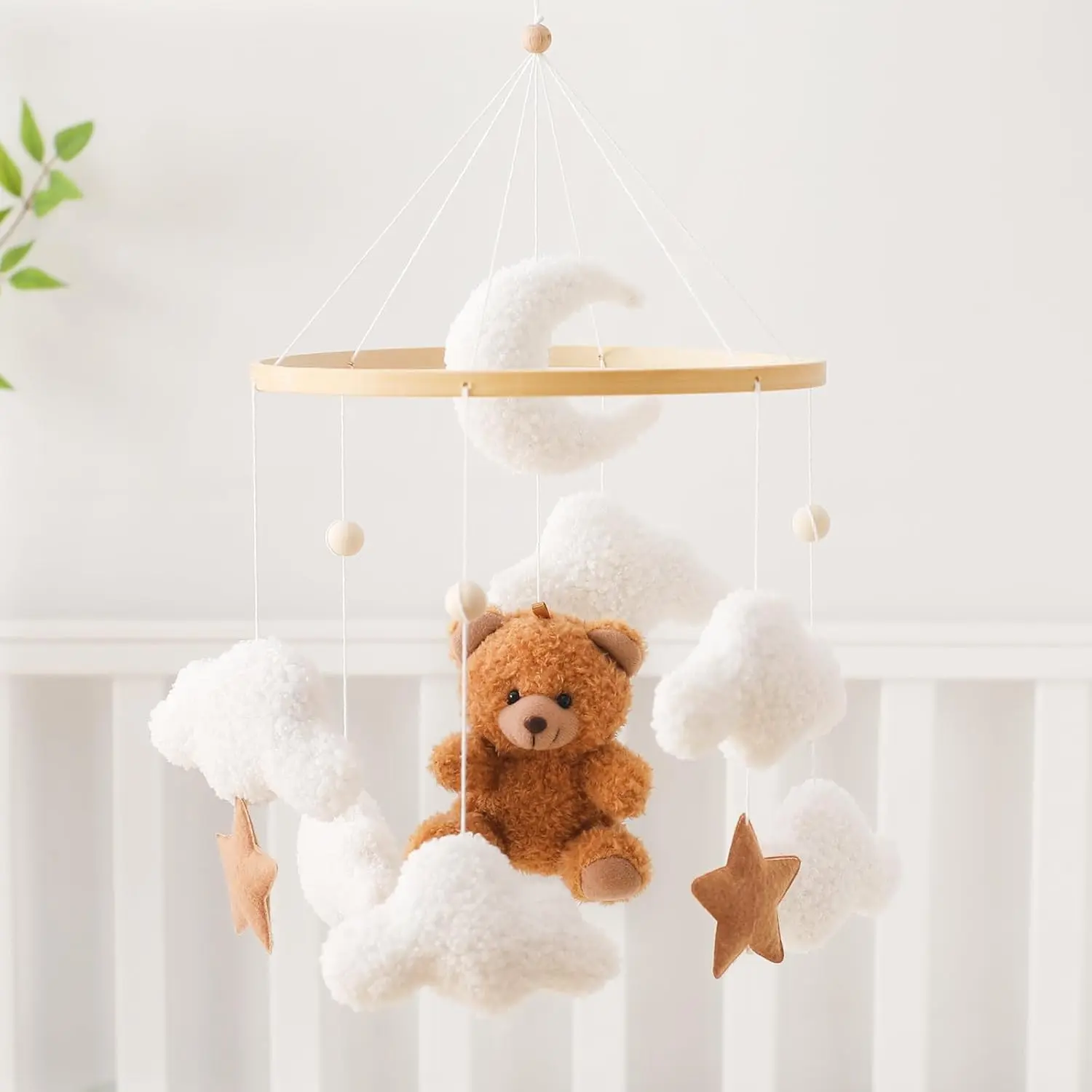 Handmade Furry Bear Cloud Crib Mobile Gender Neutral Nursery Decor Hanging Toy Accessories for Baby Room(Gift)