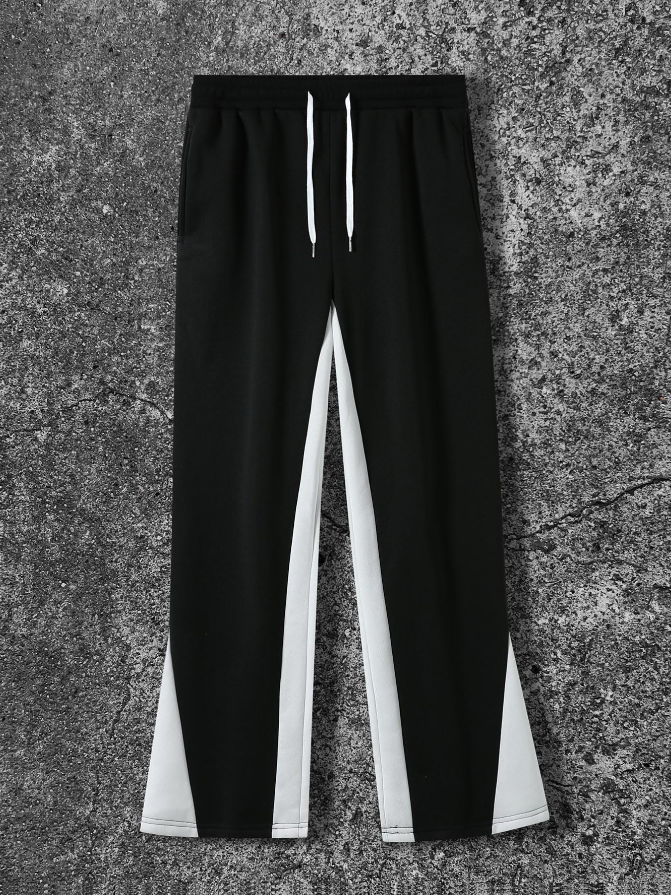 Men's Street Style Fitted Pants, Block Micro Flare Sweatpants, Loose Drawstring Casual Sports Pants, Trendy Wide Leg Trousers