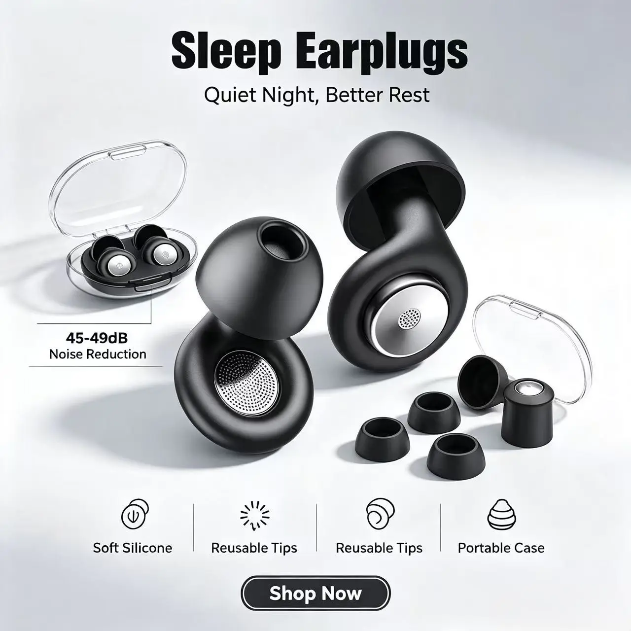 45db Noise Cancelling Ear Plugs for Sleeping, Working, Travel, Reusable Soft Silicone, 8 Eartips, Storage Case, Comfort Hearing Protection