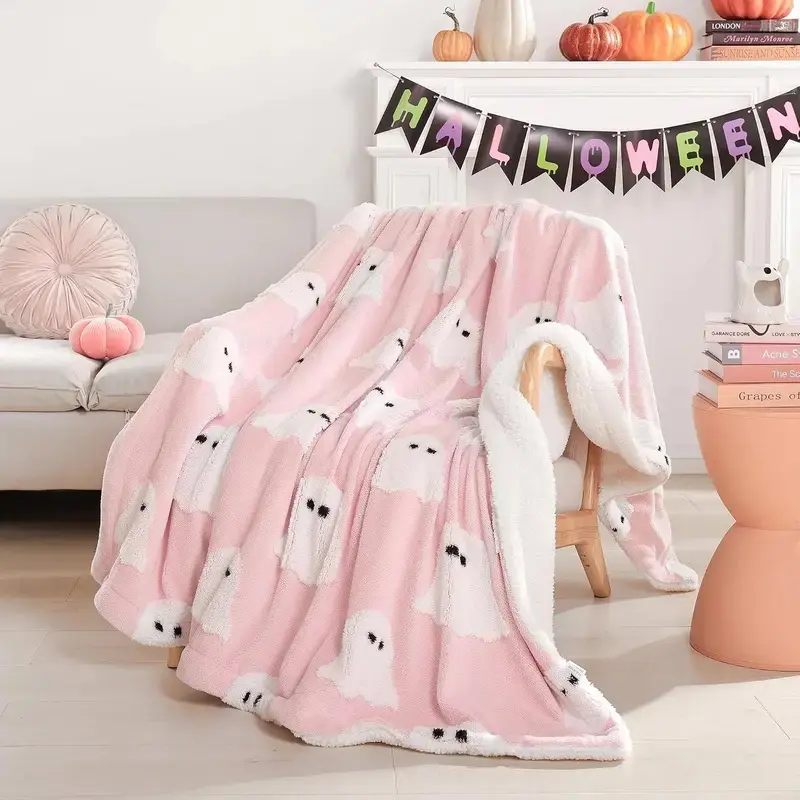 Halloween Pink Ghost Soft Flannel Throw Blanket - Cute Black-Pink Spooky Art Design, Home-Sofa Indoor-Outdoor Blanket for Halloween Bedroom Decor, Cozy Fall Accent