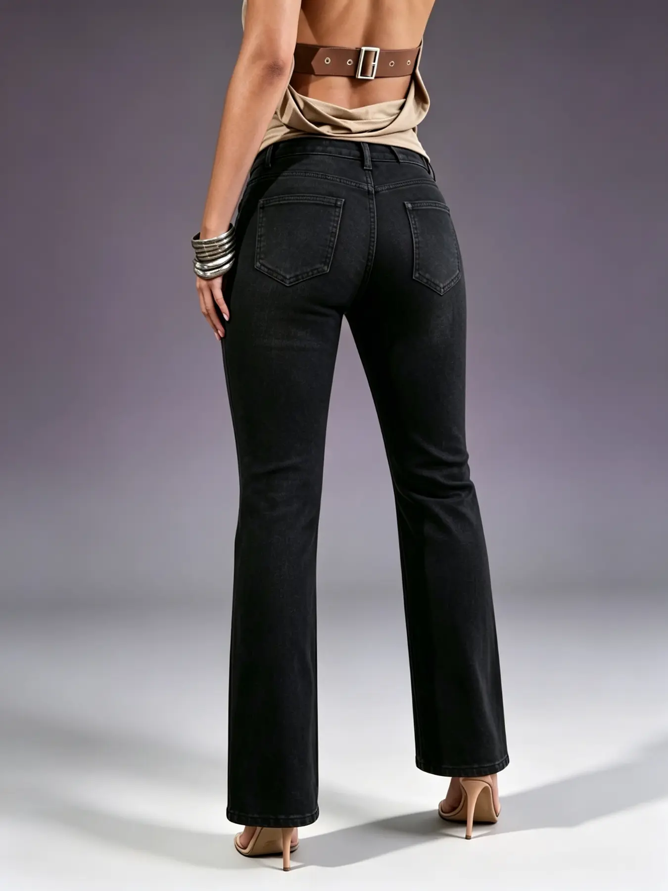 Women's Vintage High Waist Flare Jeans, Elastic Slim Fit Denim Long Pants, Millennial Streetwear, Casual All Seasons Fashion