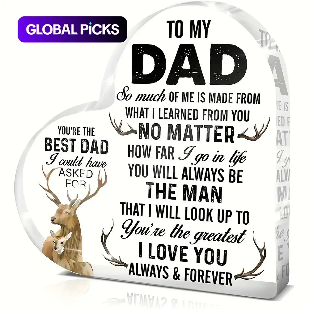 To My Dad Letter Pattern Acrylic Decoration Sign Heart Shaped Ornament, 1 Count Desktop Decoration, Gift for Dad, Home Decor, Room Decor
