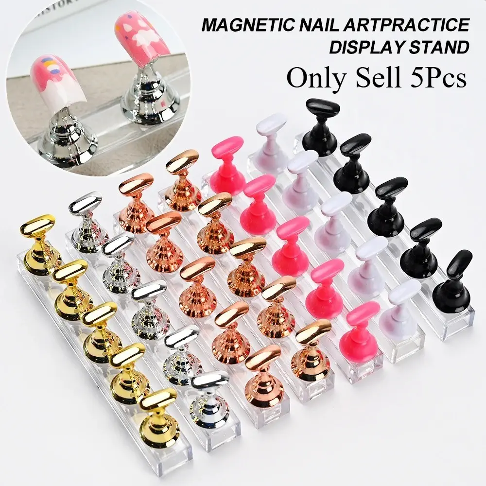 5pcs Press on Shelves Nail Art Display Set, 7 Color Nail Showing Stand, Magnetic Nail Holder, Practice Display Stand with Base, DIY Manicure, Nail Art Supplies