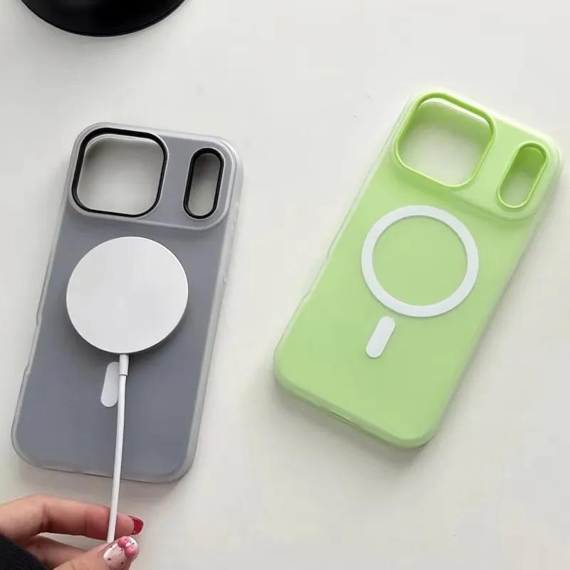 MagSafe Compatible 2-in-1 Shockproof Protection Case for Multi-Model iPhone Series (17 Air,17,16,15,14,13,12,11 Pro Max Plus) - Candy Color Silicone Magnetic Soft Shell Phone Accessory for Women, For Iphone 15Pro Max