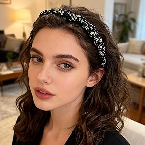 4 Pcs Braided Headbands with Teeth for Women, Handmade Crystal Flower Comb Hairbands, Sparkly Twisted Non-Slip Hard Head Bands, Elegant Silver Black Hair Accessories