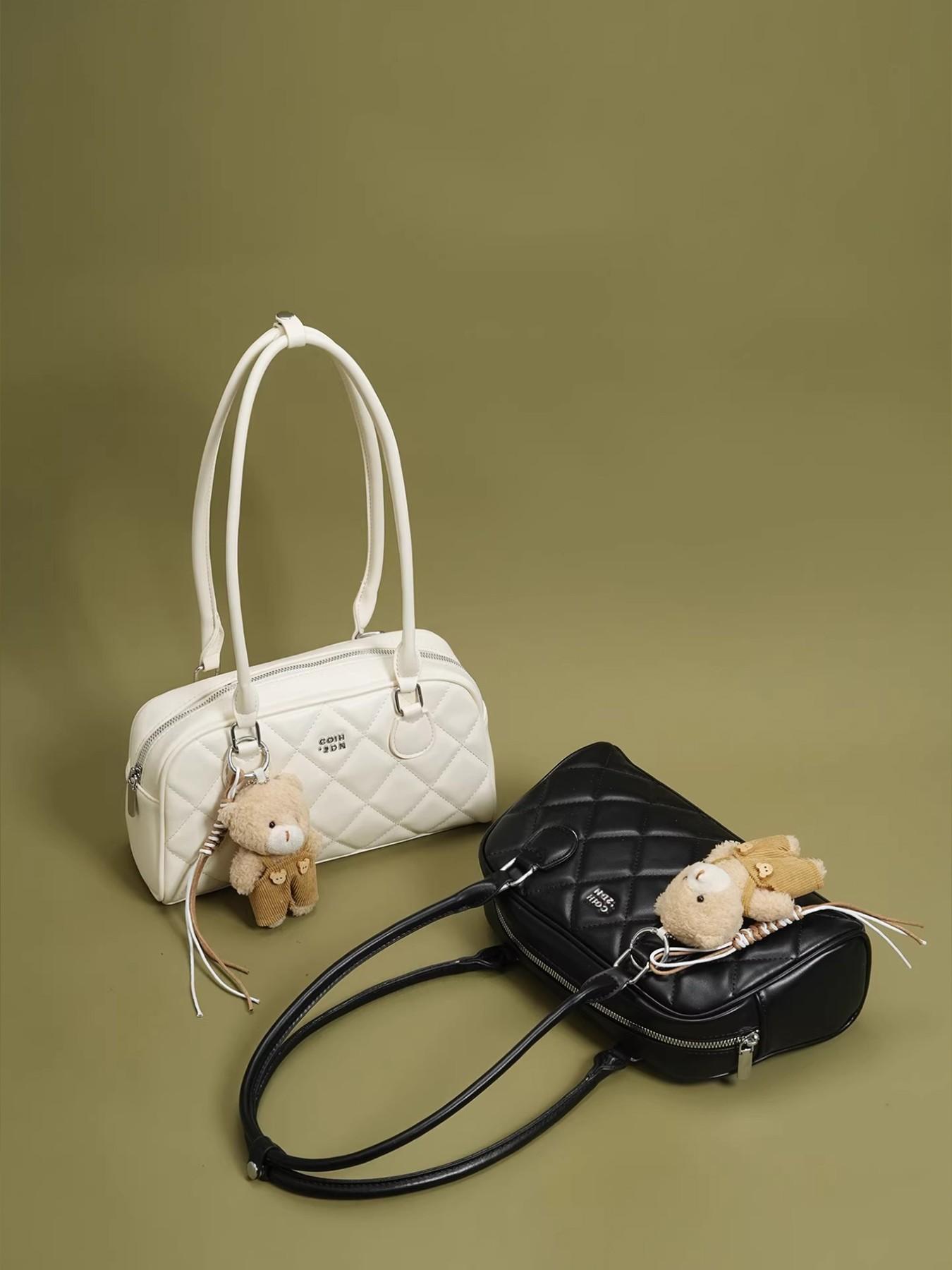 Single-shoulder bag: Cute bowling bag; Japanese sweet style artificial leather women's shoulder bag; designer custom diamond-patterned handbag; trendy retro tote bag; elegant and small daily purse; School-style commuting and date single-shoulder bag