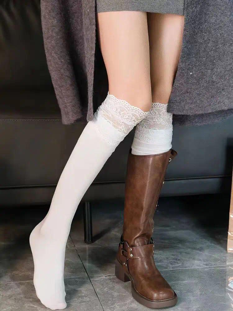 Korean Sexy Lace Thigh High Stockings for Women, Lolita Over The Knee High Socks, Sheer Lace Top Boot Socks for Daily & Cosplay