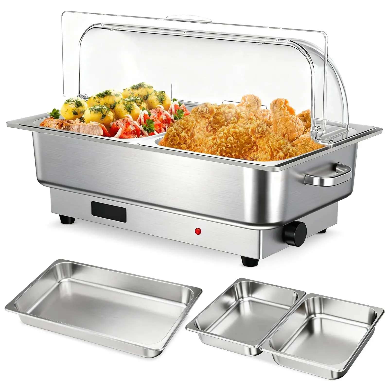 Stainless Steel Electric Chafing Dish Buffet Set – 9QT Food Warmer with Digital Temperature Control, Transparent Lid, 3-Section Compartments – Perfect for Catering, Parties, Weddings – Complete Buffet Equipment