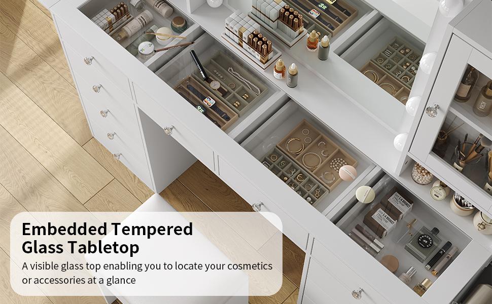 FUSOU 55"W Vanity with Power Outlet【Shipping By 2 Packages】Vanity Desk with Mirror and 10 LED Lights, Makeup Vanity with 12 Drawers and 2 Cabinets, Fold-up Panel, Glass Top Vanity Table with Chair for Bedroom FUSOU 55"W Vanity with Power Outlet【Shipping By 2 Packages】Vanity Desk with Mirror and 10 LED Lights, Makeup Vanity with 12 Drawers and 2 Cabinets, Fold-up Panel, Glass Top Vanity Table with Chair for Bedroom