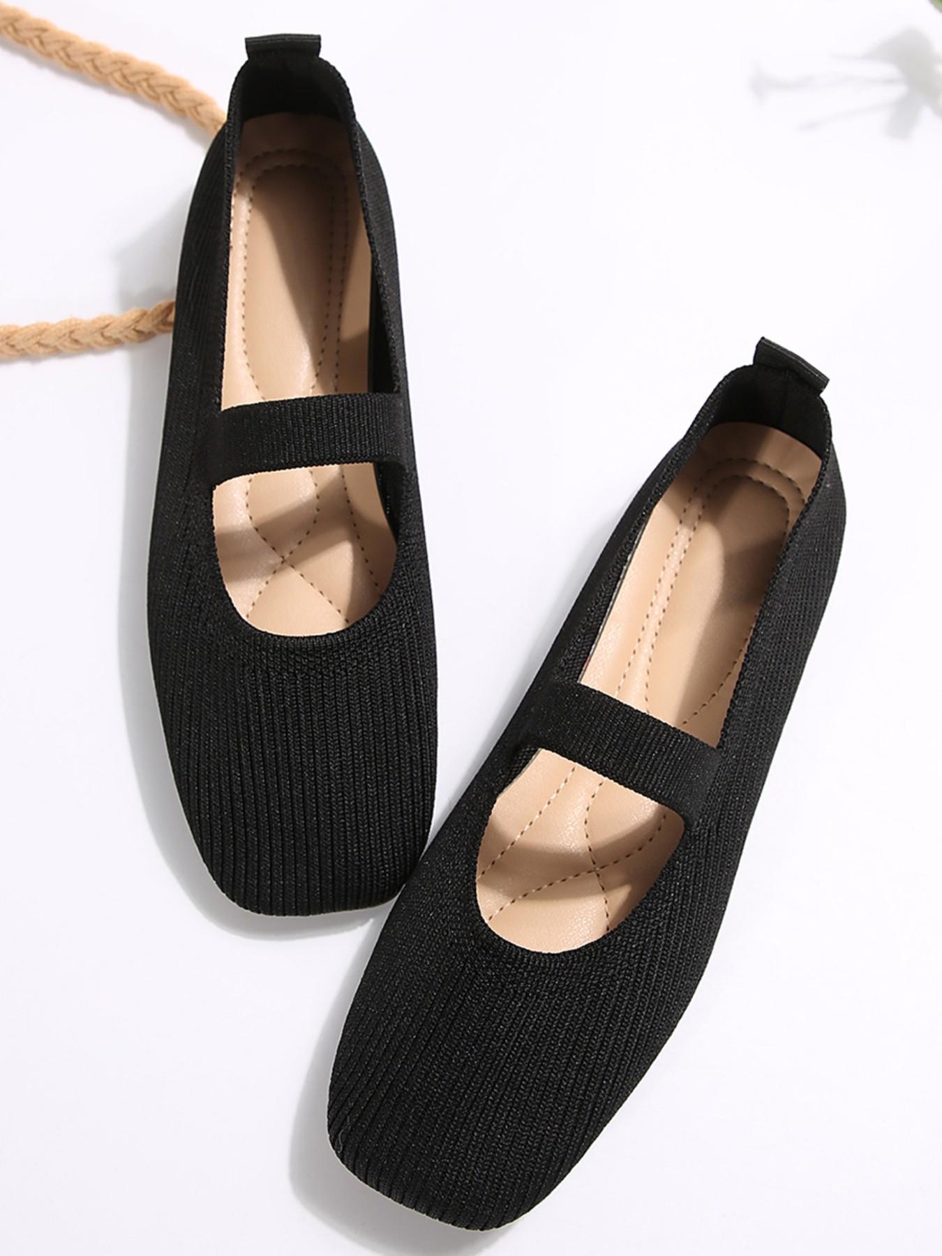 Women's Knitted Striped Mary Jane Shoes Square Toe Casual Trendy Flat Flats Breathable Non-Slip Soft Sole Comfortable Casual Daily Wear Fashion Footwear Versatile Shoes Fashionable Flats