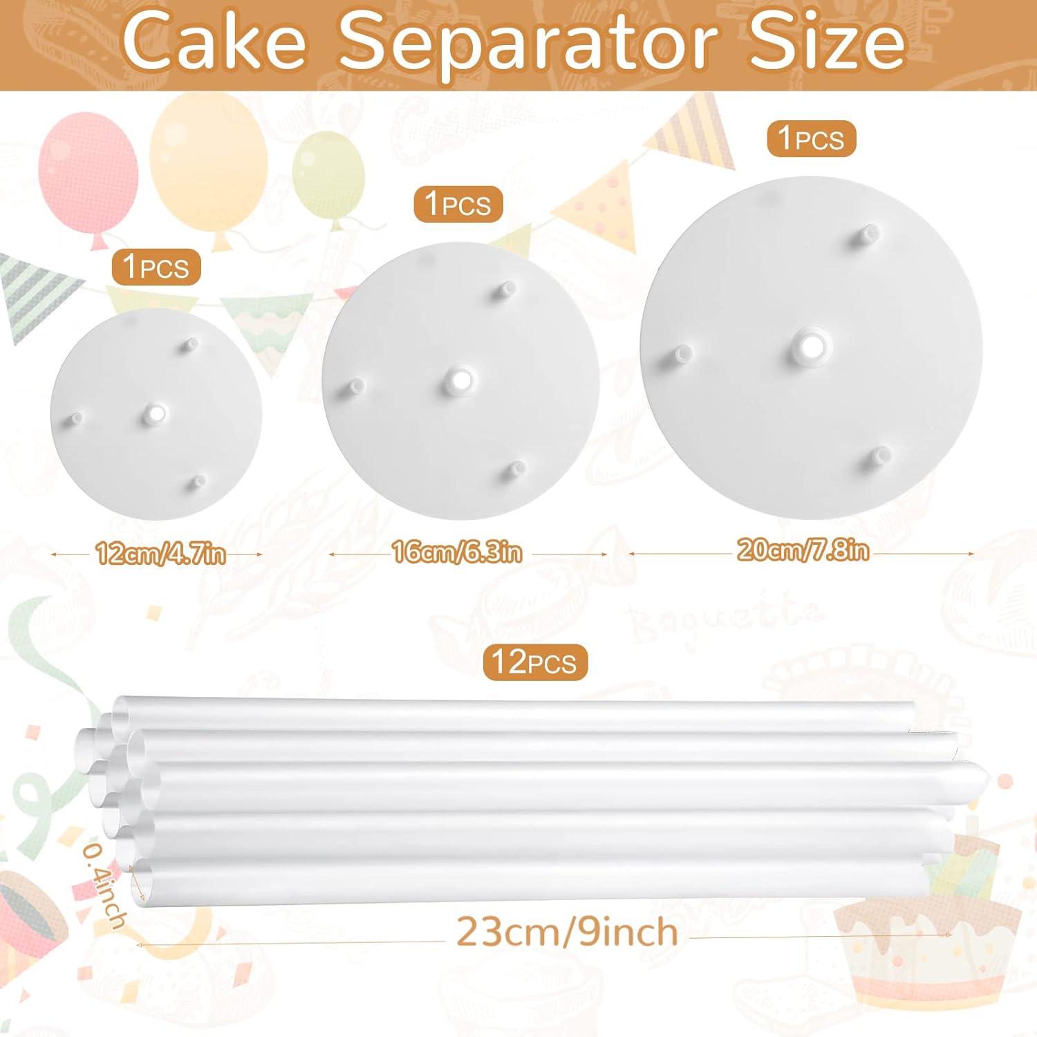15 count Cake Separator Plates Stands Set include 3 count Separator Plates 6, 8, 10 Inch Cakes 12 count Plastic Sticks Support Rods for Construction and Stacking