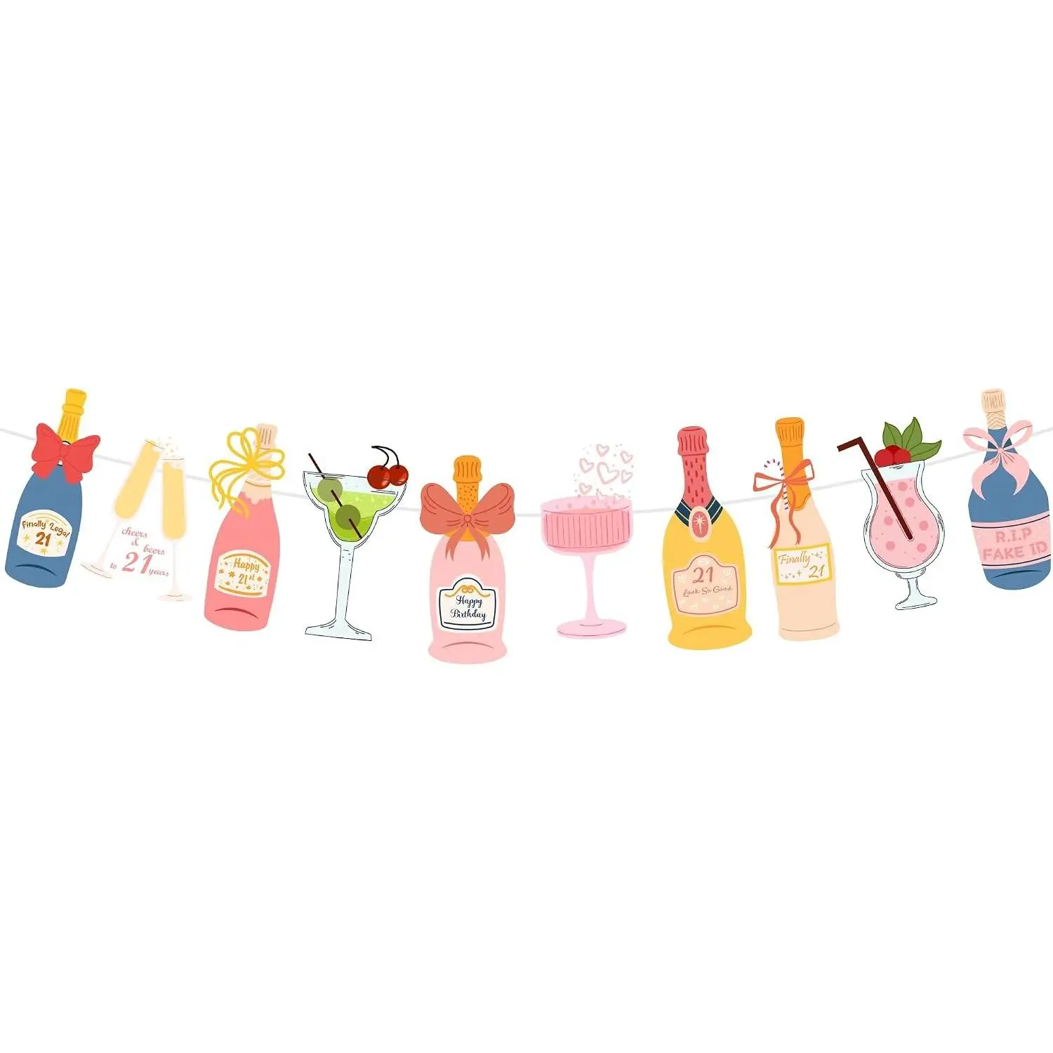 Pre-Strung Champagne Wine and other Drinks Bottles and Glasses Banner, Happy 21st Birthday Decorations for Her, 21 Year Old Party Decor for Women