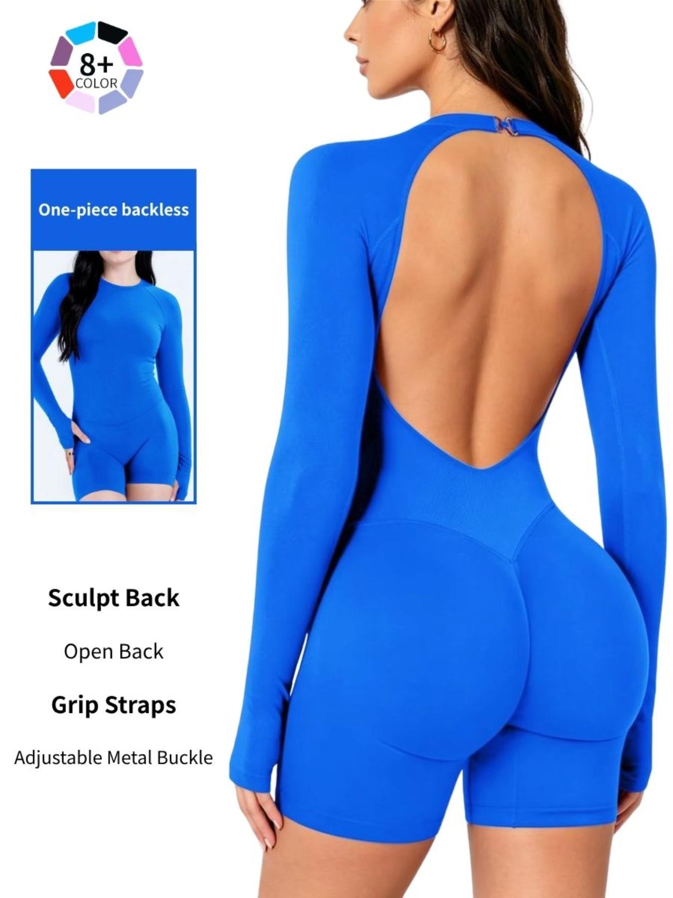 Women's All-Season Long Sleeve Backless Workout Jumpsuit, Tummy Control & Butt Lifting, Stretchy Slim Fit Gym Bodysuit for Pilates & Running, Backless Activewear