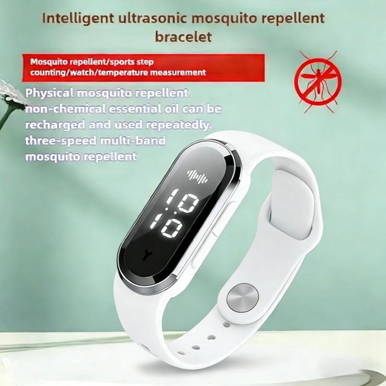 Ultrasonic mosquito repellent wristband, chemical-free bite-prevention device, with three adjustable modes, equipped with digital light display, suitable for outdoor activities, nighttime use and household use. With running count function