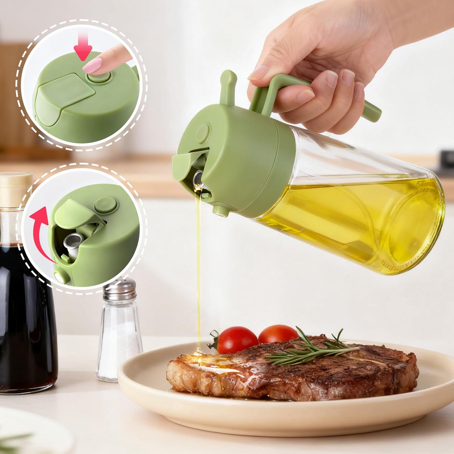 3Pack Kitchen Glass Oil Sprayer - 16oz/470ml 2 in 1 Dispenser Portion Control for Air Fryer BBQ Frying (Black+Green+White)