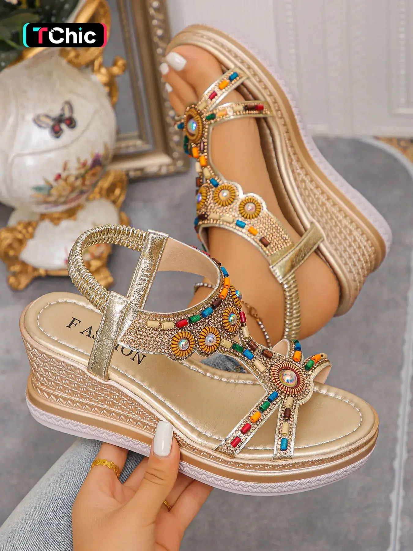 New Plus Size Women's Wedge Heel Thick Sole Sandals, Boho Style Sandals, Fashionable Wedge Sandals, Fashion Bohemian Style Height Increasing Comfortable High Heels, Perfect for Evening Parties Wedding Outdoor Casual Wear