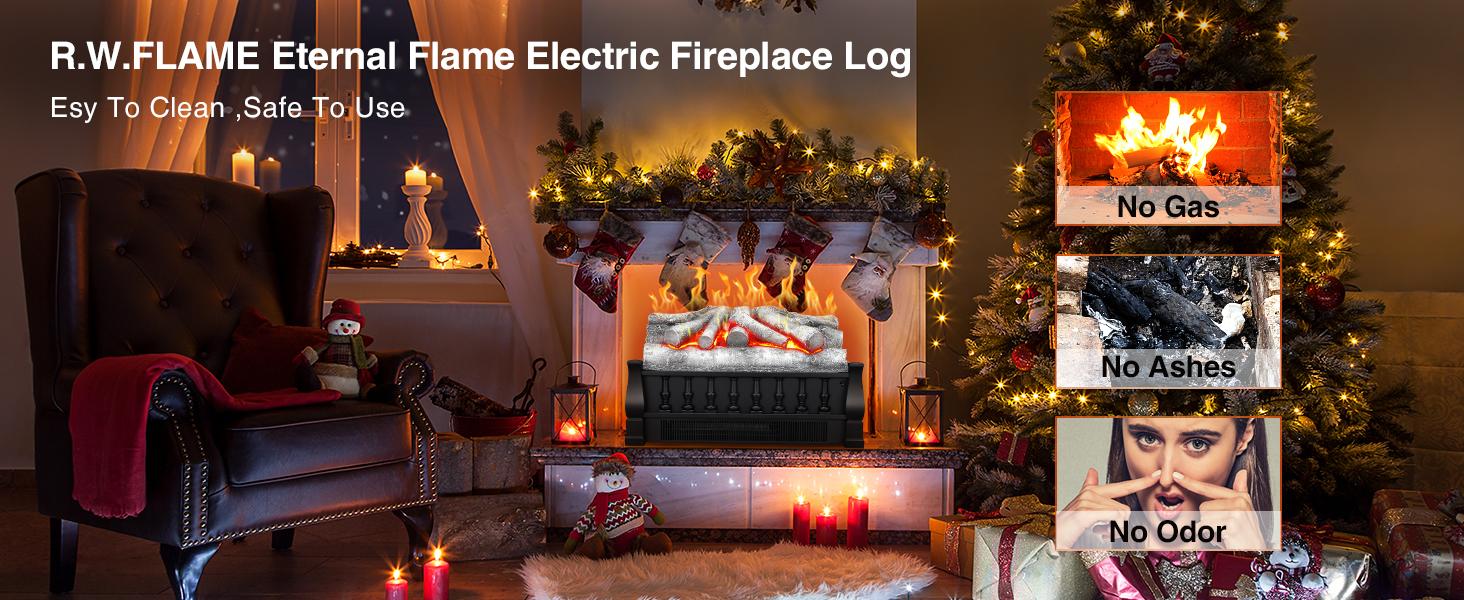 R.W.FLAME Electric Fireplace Log Heater,Remote Control, Adjustable Flame Brightness, Realistic Ember Bed, Overheat Protection, For Home and Office, 750W/1500W