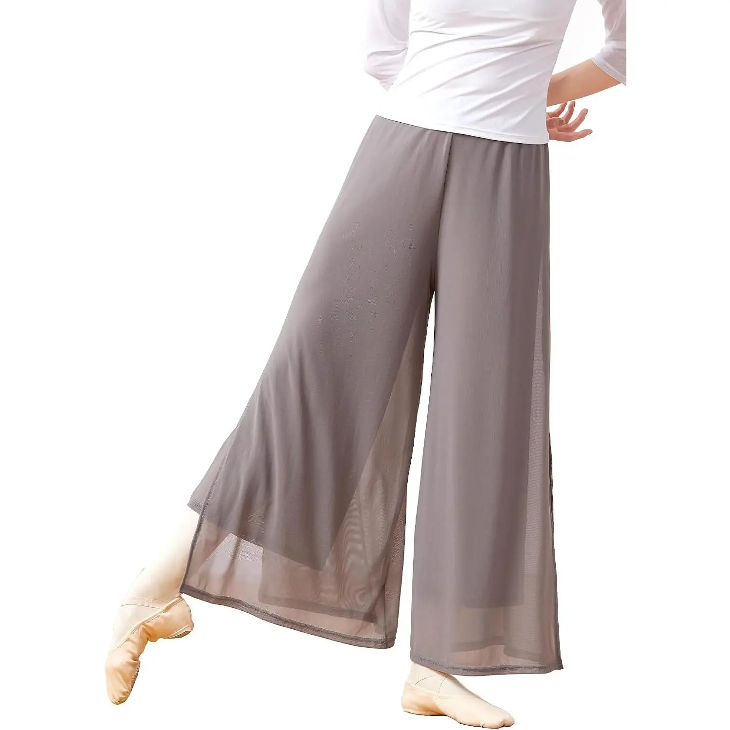 Women Palazzo Pants Loose 2 Layers Side Slit Loungewear for Dance, Ballet, Yoga