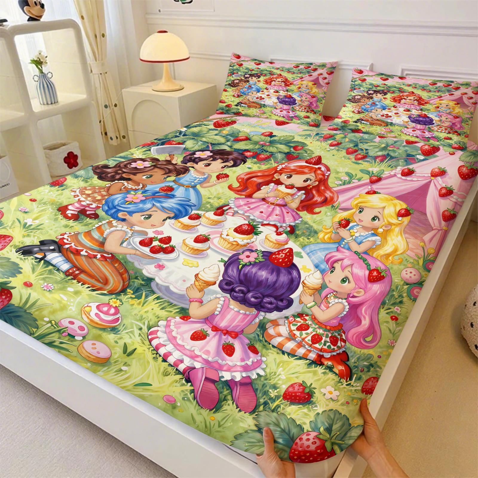 Strawberry Sweetheart Fitted Sheet Set and 2 Pillowcases No Core, Bright Colors, Watercolor Style Characters Collection, Soft Anti-Slip Wrinkle-Resistant, Fairy-Tale Girls Room, Kids Room Decor, Gift Idea