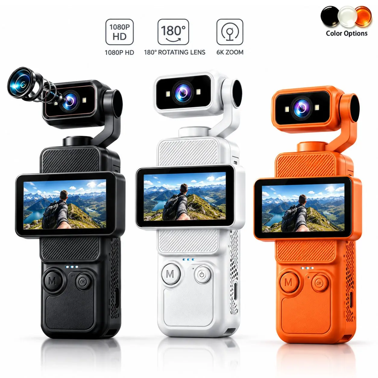 1080P Pocket Vlogging Camera with 180° Auto Rotating Lens, Mini Video Camera with IPS Flip Screen, 6X Zoom, Wide Angle Lens, WiFi App Control, Portable Camera for Travel & Vlog, Vlogging Travel Camcorder