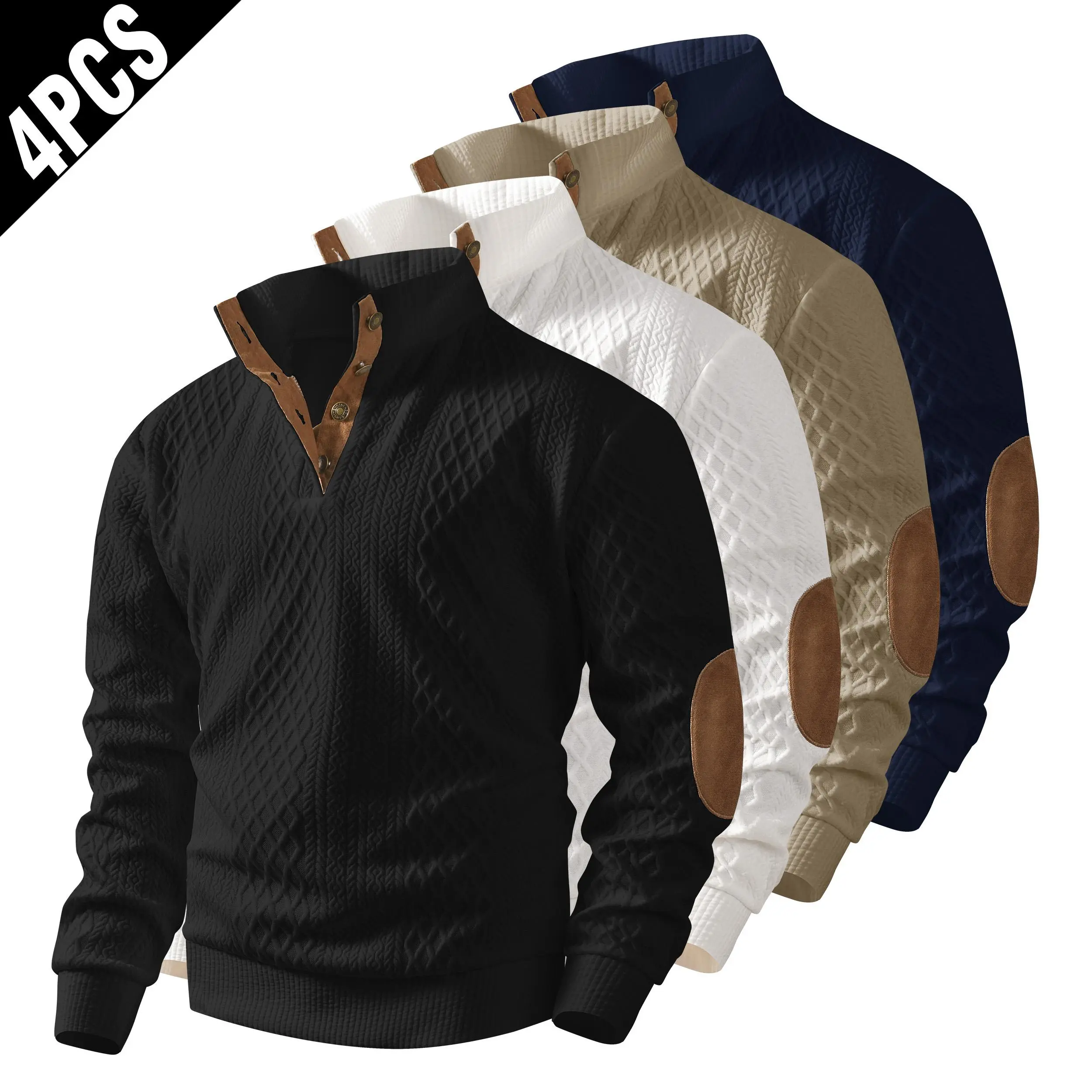 Men's Pullover Sweatshirts, 4-Pack Diamond Quilted Long Sleeves with a Collared Neck, Quarter-Button & Faux Suede Patches - Black, Navy Blue, White, Khaki, 4Pcs, Casual, White-Khaki-Navy Blue, Quarter Buttons, Elbow Patches