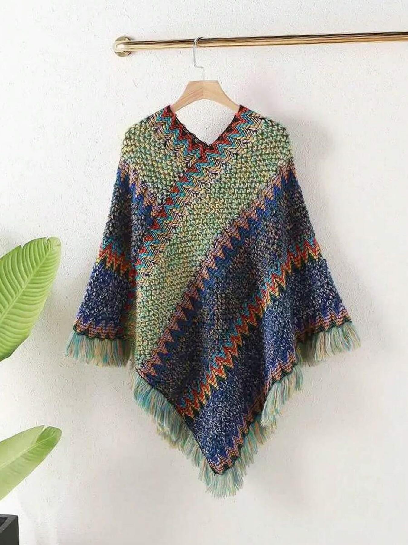 1pc Herringbone Tassel Shawl, Boho Style Shawl, Shawl Cape, Fashion Versatile Travel Poncho, Warm Scarf Wrap, Tassel Decor Shawl