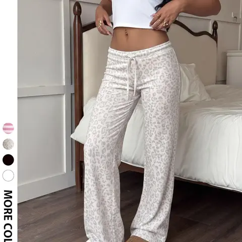 Women's Relaxed Fit Loungewear Trousers, Y2K Casual Leopard Print Drawstring Elastic Waist Soft Knit Flare-Leg Pants, for Holiday, Street and Daily Wear