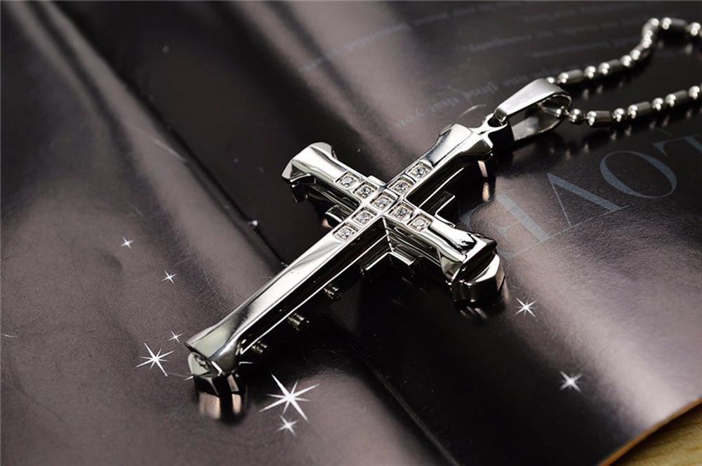 Trending Men's Crystal Cross Jesus Pendant Necklace - Gold/Black/Blue Zirconia, Stainless Steel Costume Jewelry, Jesus Piece, Jeweled Cross, Crucifix Graphic Necklaces, Cross Necklaces
