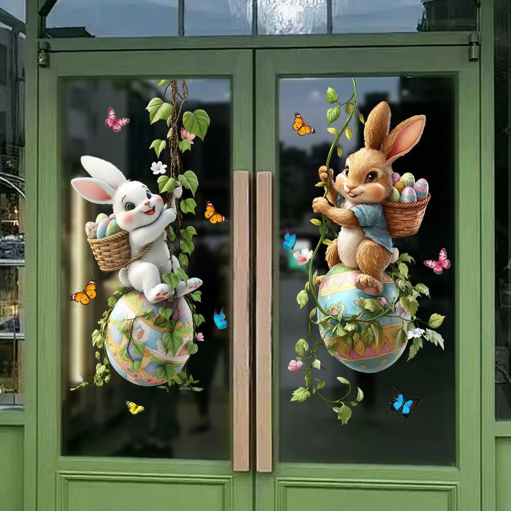 Easter Bunny Swing Egg Static Transparent Glass Film, Waterproof Removable PVC, Festival Decor for Home Shop Outdoor Party