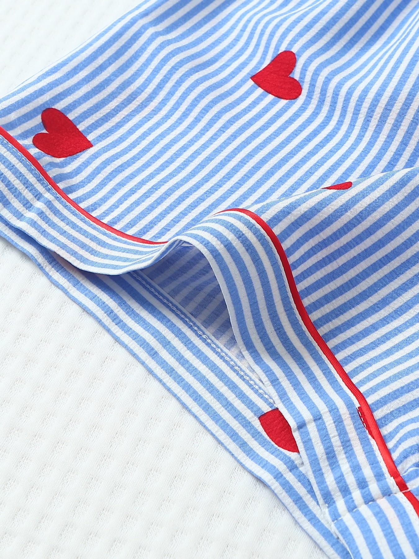 Heart Stripe Printed Women's Pajama Set, Feminine Cute Loungewear Nightwear, Sweet Collar Short Sleeve Top with Pocket, Bow Shorts, Casual Home Wear