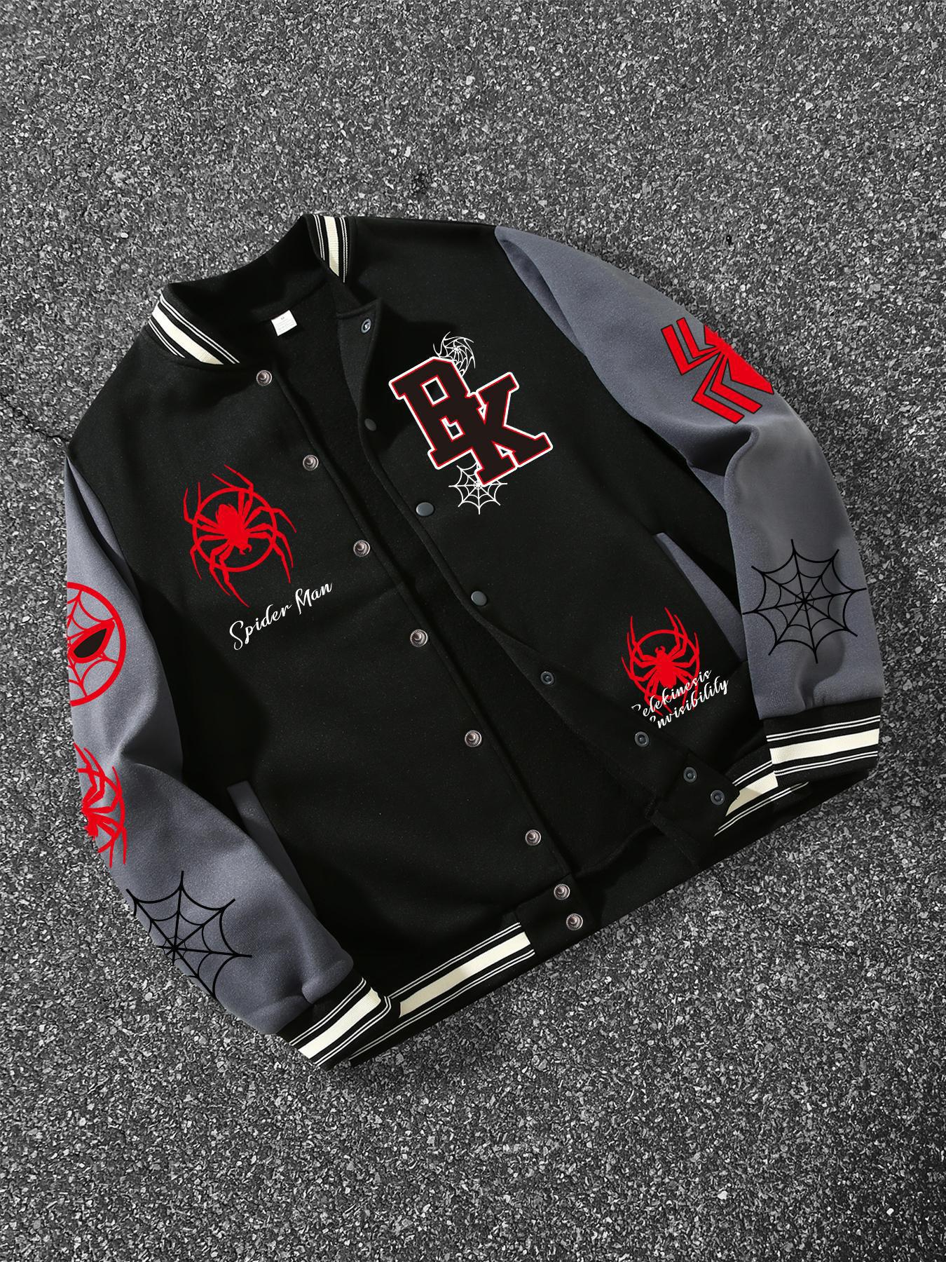 Spider-Man Street Style Baseball Jersey Jackets, Patchwork Sleeves, Full Spider Logo, Fitted Design, Fall & Winter Fashion