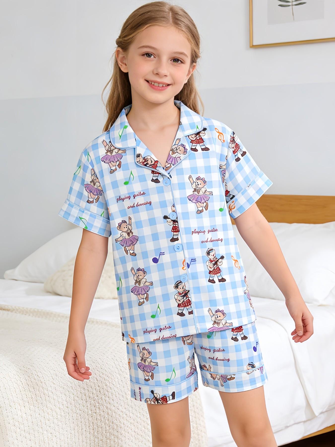 2-Piece Summer Kids Flame-Resistant Pajama Set, Short Sleeve Button Front Top & Shorts, Cute Bear Pattern, All Seasons, Boys & Girls