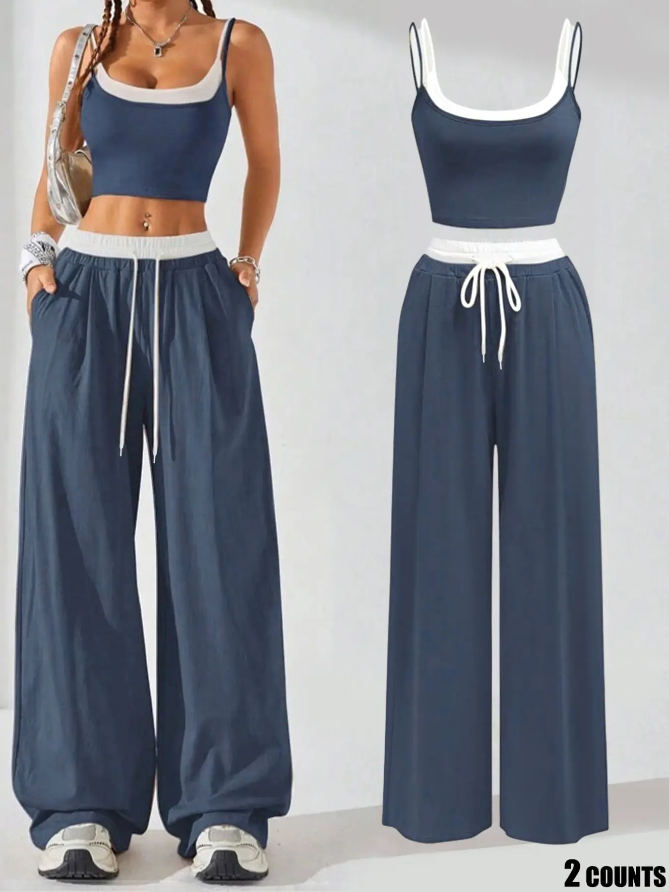 Two-Piece Set Women's Colorblock 2 in 1 Cami Top & Wide Leg Pants Set, Casual Sleeveless Top & Pocket Trousers, Ladies Summer Clothes, Casual Lounge Set, Stretchy Outfit Sets, Camisole Sets, Pants Loungewear Set