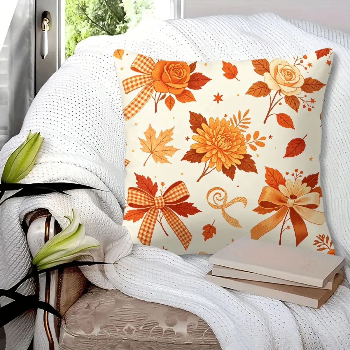 45x45cm 1Pc Fall Autumn Floral Throw Pillow, with maple leaf, rose, chrysanthemum and gingham bow prints, soft fluffy durable and cozy, perfect for sofa, bed, bedroom and living room decor, ideal small gift for fall festivals, Decorative Cushion